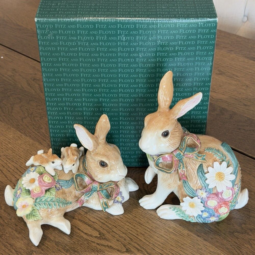 Fitz and Floyd Woodland Spring Bunny Rabbit Ornament Pair Ceramic Easter Vintage
